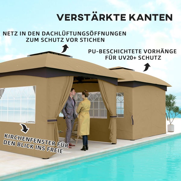 Outsunny Pavillon ca. 3,4x3,4 m wasserabweisend Gartenpavillon mit 4 Seitenteilen, Doppeldach, Partyzelt mit UV-Schutz Gartenzelt mit verzinktem Metallrahmen, für Garten Beige