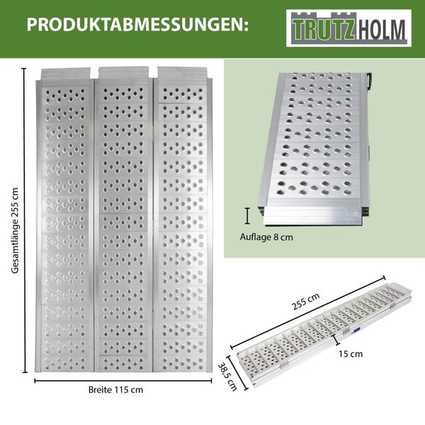TrutzHolm Logo mit Produktabmessungen der Aluminium Auffahrrampe