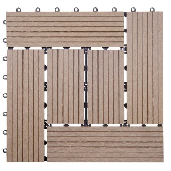 Klickfliese aus Holz-Kunststoff-Verbundwerkstoff in Braun für Terrasse und Balkon mit Holzoptik und Stecksystem.