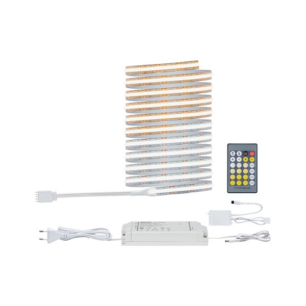 Produktübersicht eines LED Streifen Sets mit Fernbedienung, Netzteil, Klebeband und technischen Details zur Installation sowie Kürzungsmarkierungen.