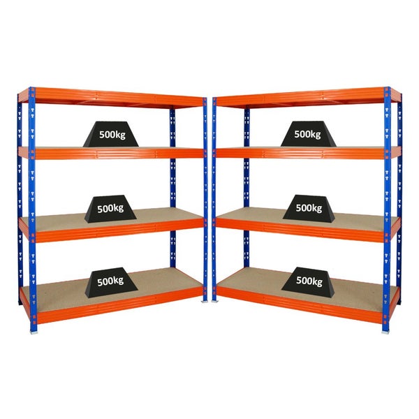 PROREGAL Mega Deal 2x Profi Schwerlastregal Rhino HxBxT 180 x 160 x 60 cm 4 Spanplatten-Ebenen 8mm Fachlast 500 kg Blau-Orange