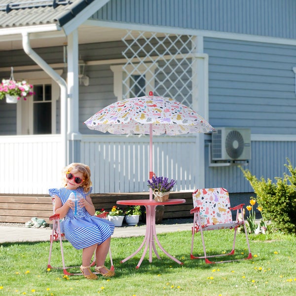 Outsunny 4tlg. Kindersitzgruppe, Gartentisch mit 2 Klappstühle, für 3-5 Jahre, 50L x 50B x 46H cm, Metall, Polyester, Rot