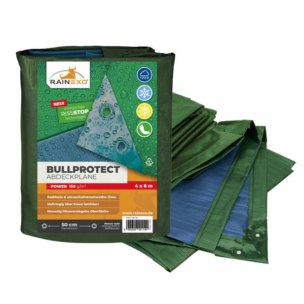 Rainexo Bullprotect Abdeckplane, 4 mal 6 Meter, 150 Gramm pro Quadratmeter, reißfest, UV-beständig, wetterfest, für Garten und Bau.