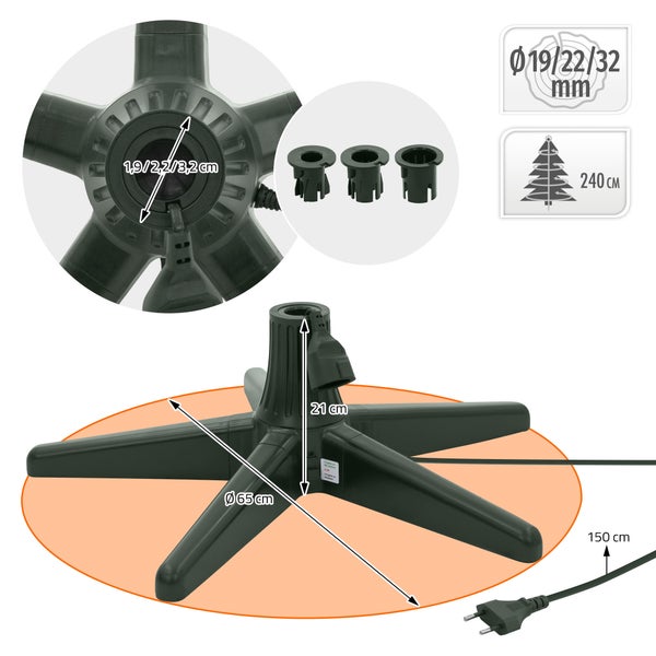 Elektrischer Weihnachtsbaumständer mit Rotationsfunktion, 65 Zentimeter Durchmesser, für Bäume bis 240 Zentimeter Höhe mit verschiedenen Adaptern.