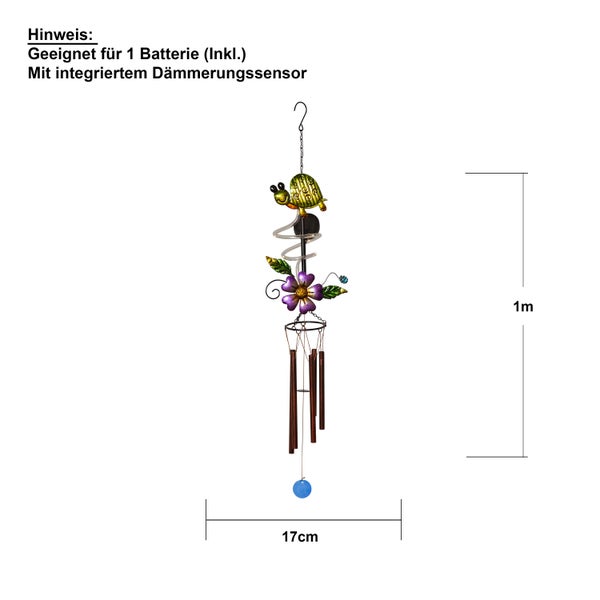 Windspiel mit Schildkröte, Blume und Klangstäben, geeignet für eine Batterie, mit Dämmerungssensor, Länge 1 Meter, Breite 17 Zentimeter
