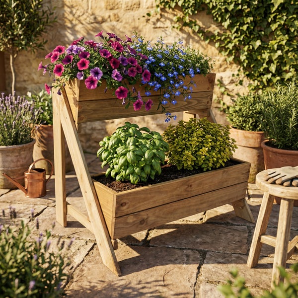 Zweistöckiger Pflanzkasten aus Holz mit Blumen und Kräutern auf einer Steinterrasse.