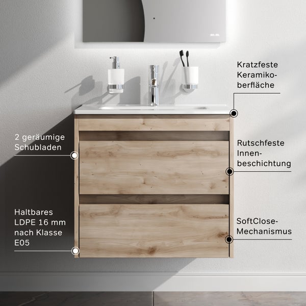 Waschtischunterschrank mit zwei Schubladen, kratzfester Keramikoberfläche und Softclose-Mechanismus