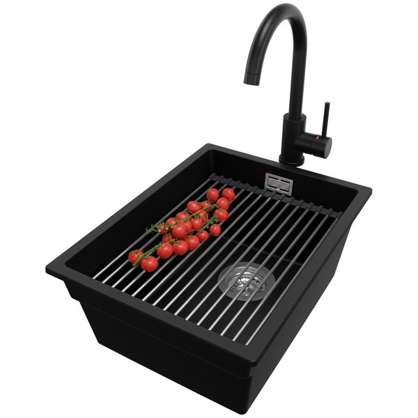 PRIMAGRAN Granitspüle Schwarz 36x47cm, Spülbecken 1 Becken + Küchenarmatur 32x20cm + Ablauf-Set + Aufrollbare Abtropffläche, Küchenspüle ab 40er Unterschrank - Praga Slim