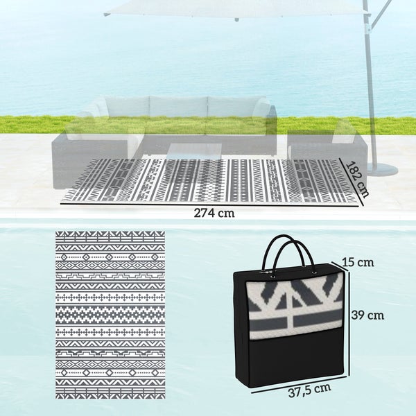 Outsunny Outdoor Teppich robuster Wetterfest Outdoorteppich, faltbar Carpet mit Boho-Style, Outdoor-Teppich für Wohnzimmer Balkon Garten Terrasse Bad Flur Küche, 182 x 274 cm Dunkelgrau+Weiß