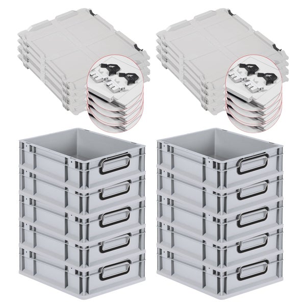 PROREGAL SuperSparSet 10x Eurobox NextGen Color mit Scharnierdeckel und Schiebeschnappverschlüssen, HxBxT 12x30x40cm, 11 Liter, Grau, Griffe schwarz geschlossen, Eurobehälter, Transportbox, Transportbehälter, Stapelbehälter