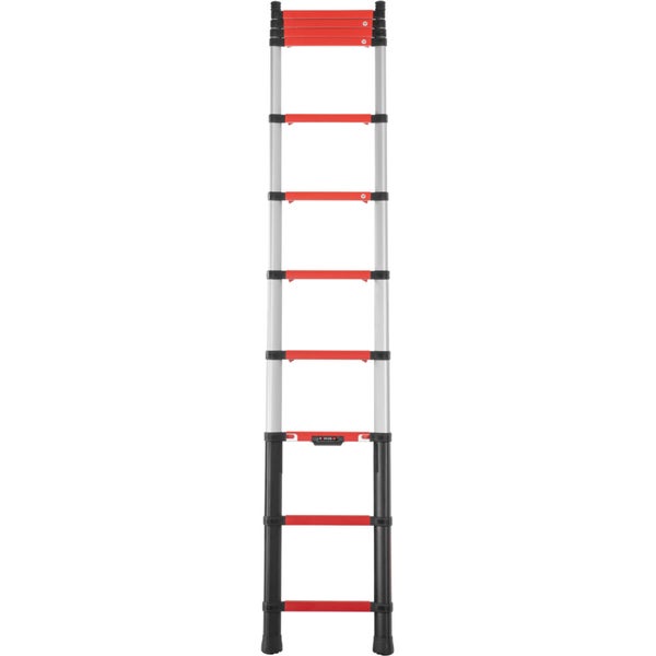 Teleskopleiter aus Aluminium mit roten Sprossen, voll ausgezogen.