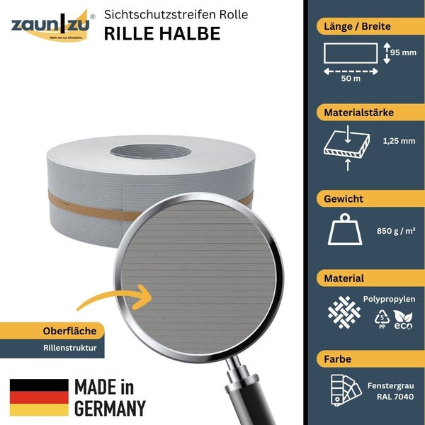 Zaun zu Sichtschutzstreifen Rolle Rille Halbe aus Polypropylen, 50 Meter lang