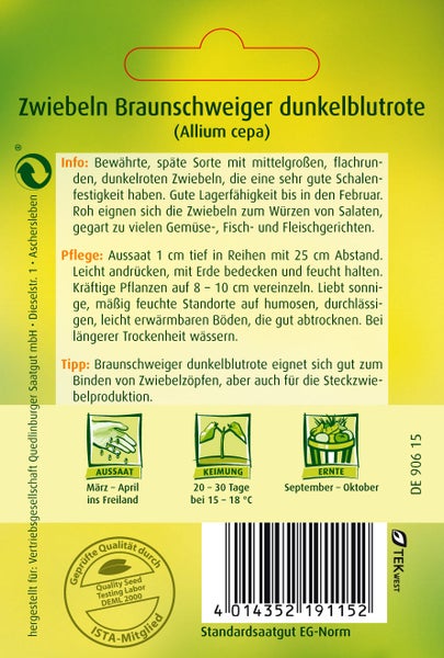 Rückseite einer Samentüte für Zwiebeln Braunschweiger dunkelblutrote mit Anbauhinweisen, Informationen zur Aussaat, Keimung und Ernte.