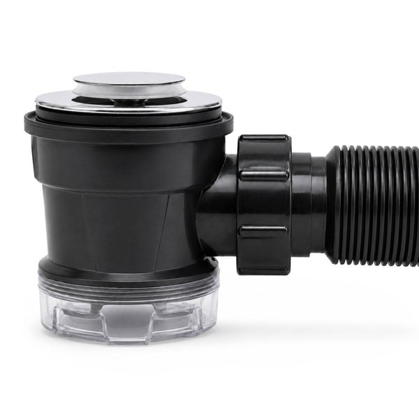 Siphon für Duschwanne mit verchromter Abdeckung, schwarzem Kunststoffgehäuse, transparentem Reinigungsbecher und flexiblem Ablaufschlauch.