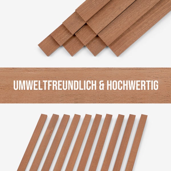 Umweltfreundliche und hochwertige Holzleisten in verschiedenen Anordnungen.