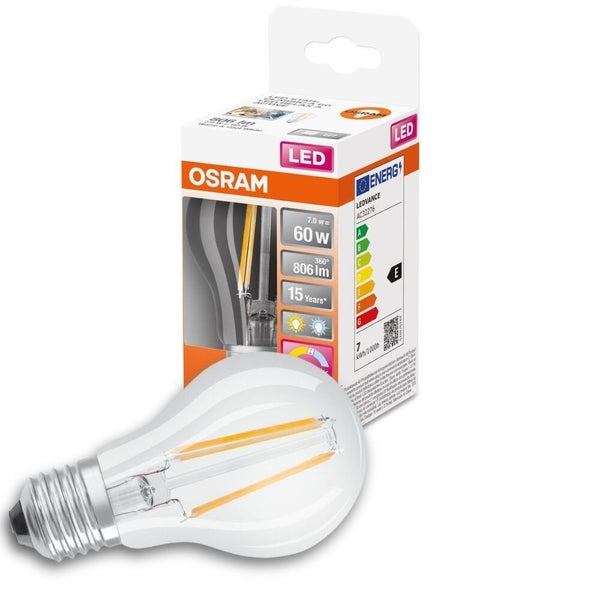 OSRAM LED Filament Lampe ersetzt 60W E27 Birne - A60 7W 806lm 2700-4000K Einerpack