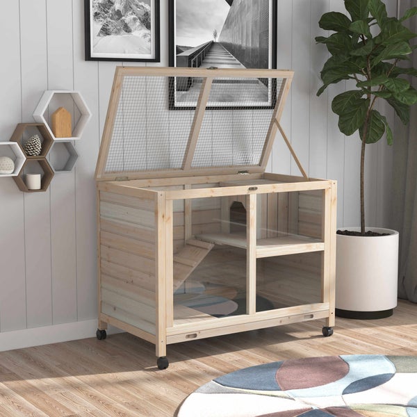 Holzkäfig mit Gitterabdeckung und Rädern für Kleintiere