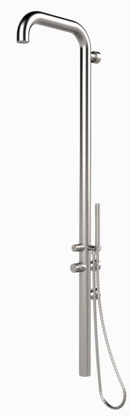 Duschsystem aus Edelstahl mit festem Regenduschkopf, Handbrause und runden Bedienelementen.