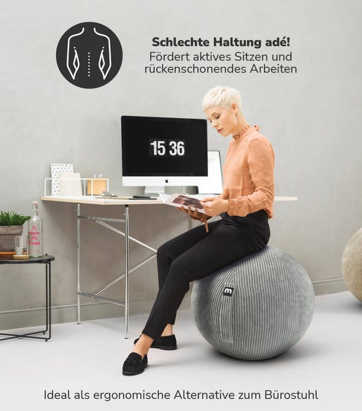 mokebo Stoff Sitzball Büro ergonomisch 'Der Sportliche', Sitzball mit Pumpe oder Pezziball mit Cordbezug in Grau