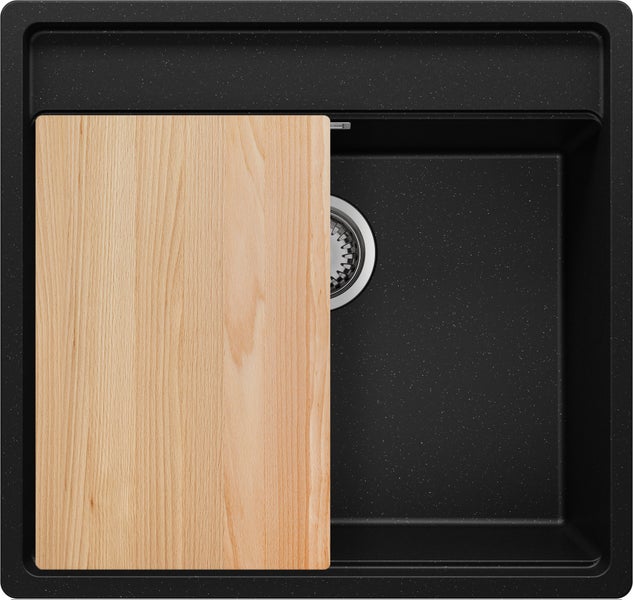 PRIMAGRAN Unterbauspüle Granit Schwarz Metallic 56x53cm, Spülbecken 1 Becken + Ablauf-Set + Schneidebrett, Granitspüle ab 60er Unterschrank - Bergen