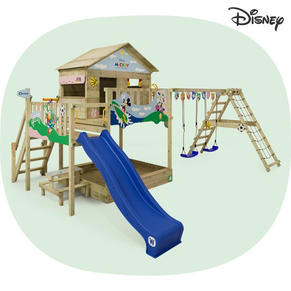 WICKEY Spielturm Disney Mickey Maus und Freunde Saga mit Rutsche, Picknicktisch, Kletteranbau und Doppelschaukel