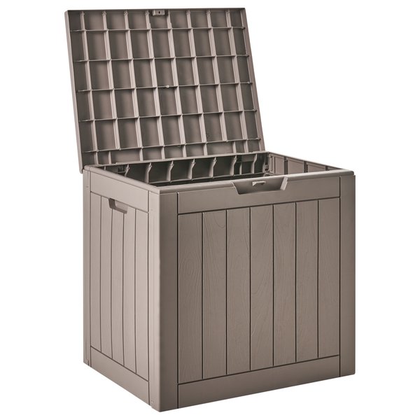 Geöffnete Aufbewahrungsbox für den Außenbereich aus Kunststoff