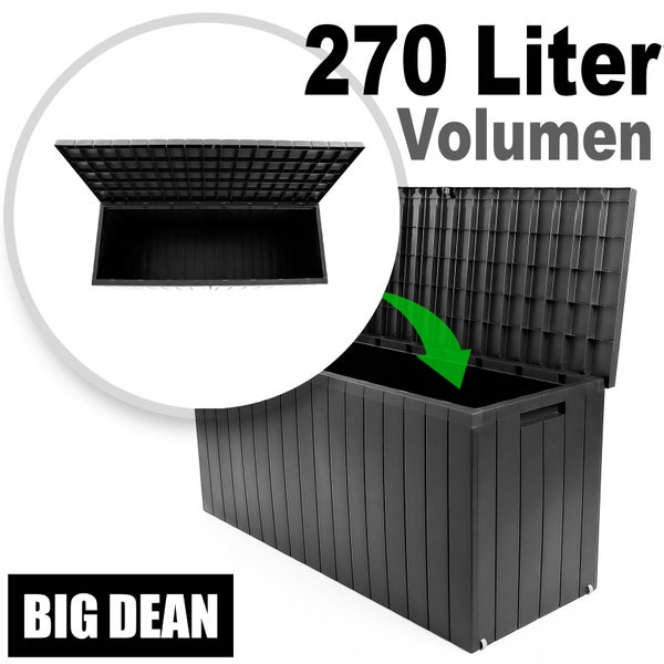 BigDean Gartenbox 270 L mit Rollen aus wetterfestem Kunststoff – Auflagenbox wasserdicht für outdoor geeignet – Kissenbox Made in Europe