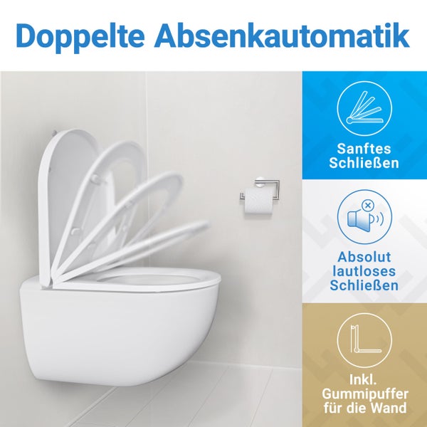 Weißes Hänge-WC mit doppelter Absenkautomatik für sanftes und lautloses Schließen von Deckel und Sitz inklusive Wand-Gummipuffer.