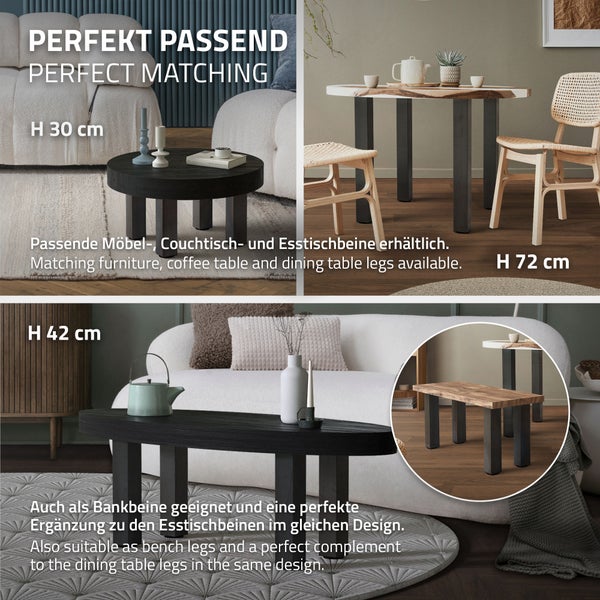 Möbelbeine für Couchtische, Esstische und Bänke in Höhen von 30 Zentimeter bis 72 Zentimeter in modern gestalteten Wohnräumen.