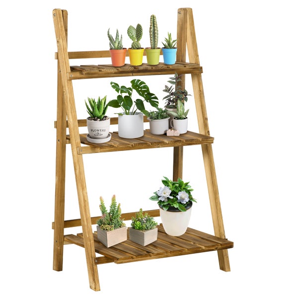 Outsunny 3-Etagen Pflanzenständer, klappbarer 93 cm hoch Blumenständer für Innen Außen, Pflanzenregal aus Holz, Blumentopfständer mit Tabletts, Blumentreppe für Wohnzimmer, Garten Balkon, Dunkelbraun
