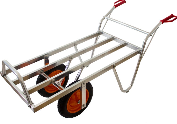 Sackkarre aus Aluminium mit zwei Rädern und roten Griffen