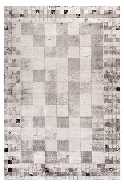 Rechteckiger Teppich mit quadratischem Muster und Vintage-Optik in Grautönen.