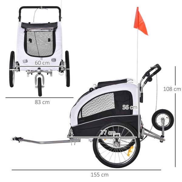 PawHut Fahrradanhänger, 155L x 83B x 108H cm, Polyester, Stahl, Weiß+Schwarz