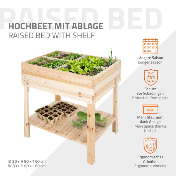ECD Germany Hochbeet aus Holz mit Ablage und Pflanzfolie 80x60x80 cm Natur Witterungsbeständig 4 Pflanzengefäße Frühbeet Kräuterbeet Gemüsebeet Pflanzkübel Pflanzkasten für Garten Balkon und Terrasse