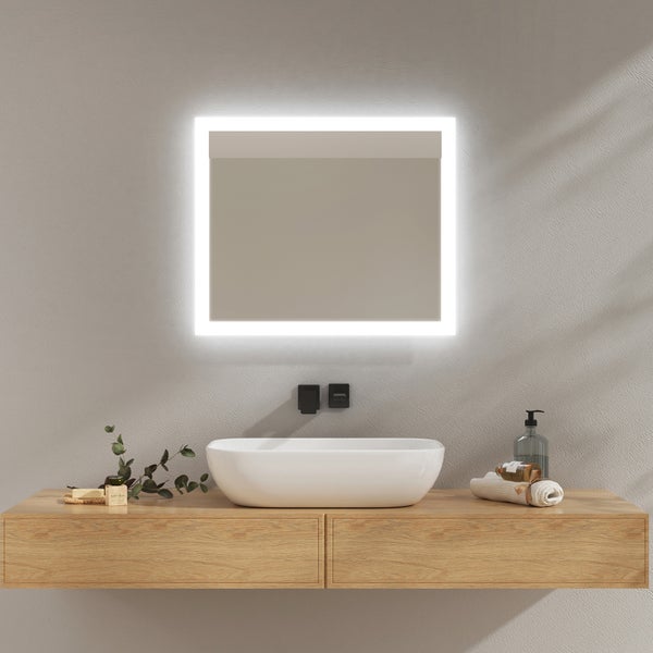EMKE Badspiegel mit Beleuchtung, 60x50cm, Kaltweißes/Warmweißes Licht, Knopfschalter, Beschlagfrei