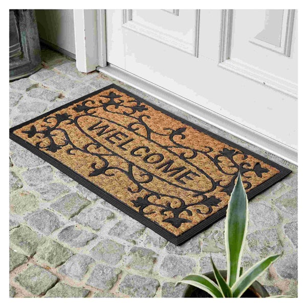 Fußmatte aus Kokosfaser mit Willkommensgruß und Bordüre