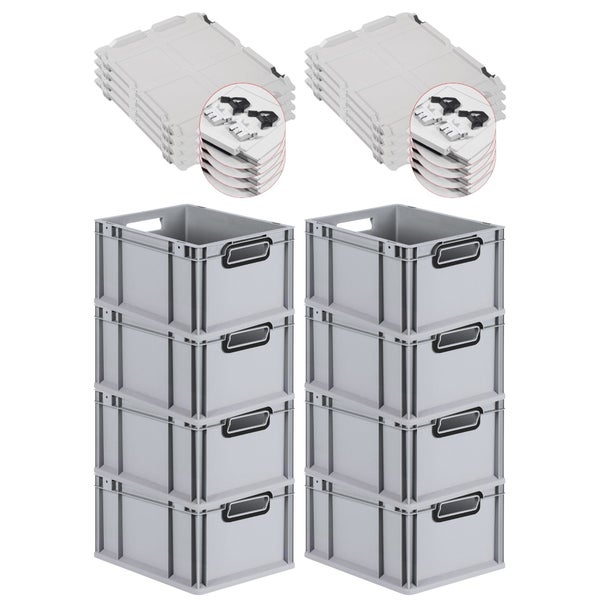 PROREGAL SuperSparSet 8x Eurobox NextGen Color mit Scharnierdeckel und Schiebeschnappverschlüssen, HxBxT 22x30x40cm, 20 Liter, Grau, Griffe schwarz offen, Eurobehälter, Transportbox, Transportbehälter, Stapelbehälter