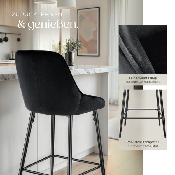 Thekenstuhl tectake Siera 49 x 54 x 100 cm, Belastbarkeit 120 kg gepolstert, weicher Bezug Samtoptik schwarz/schwarz