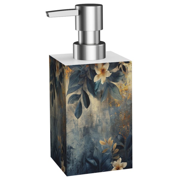 Seifenspender mit quadratischem Korpus und florale Blättermotiv mit Metallpumpe.