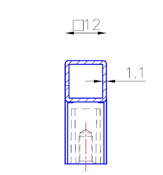 Technische Zeichnung eines quadratischen Rohrprofils mit 12 Millimeter Breite und 1,1 Millimeter Wandstärke.