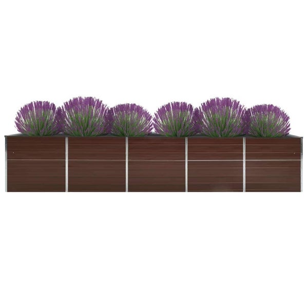 Längliches Hochbeet aus Holz mit Metallverstrebungen bepflanzt mit Lavendel