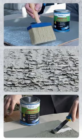 Anwendung von Beko Speed-Ex Abbeizer: Auftragen mit Pinsel, Einwirken auf Farbe und Entfernen der gelösten Schichten mit einem Spachtel.