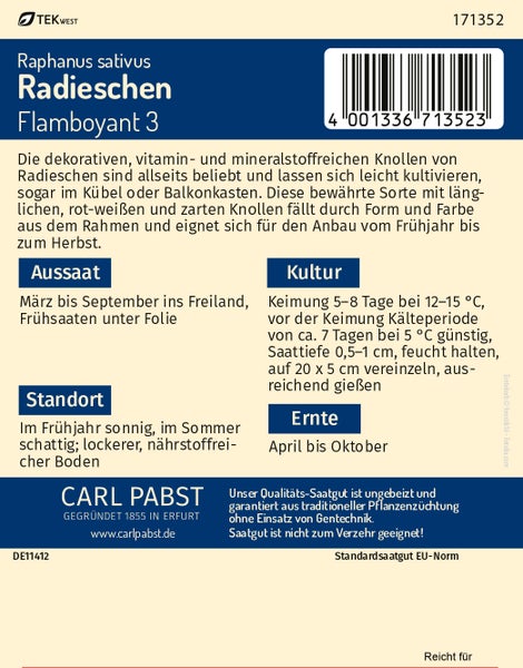 Rückseite der Samentüte für Radieschen Raphanus sativus Flamboyant 3 von Carl Pabst mit Hinweisen zu Aussaat, Kultur und Ernte, Carl Pabst Logo.