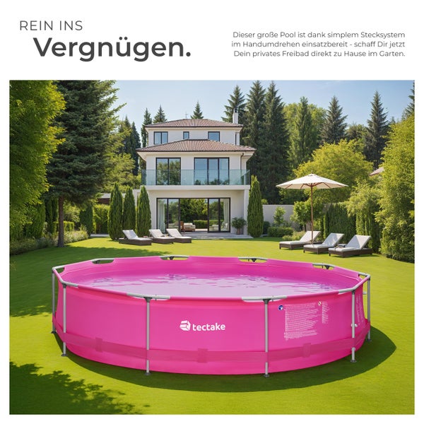 Großer, runder pinker Frame Pool von tectake in einem gepflegten Garten vor einem modernen Haus mit Liegestühlen.