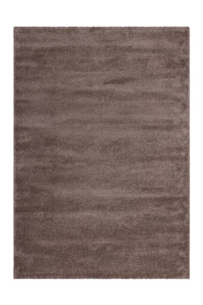 Rechteckiger Hochflor-Teppich in Taupe mit weicher, strukturierter Oberfläche.