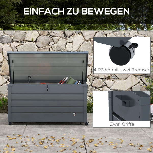 Gartenbox mit vier Rollen, zwei Bremsen und seitlichen Griffen, Deckel mit Gasdruckfedern.