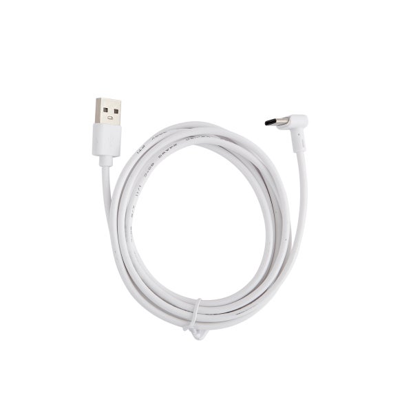 Weißes USB-A auf USB-C Ladekabel mit 90 Grad abgewinkeltem Stecker.
