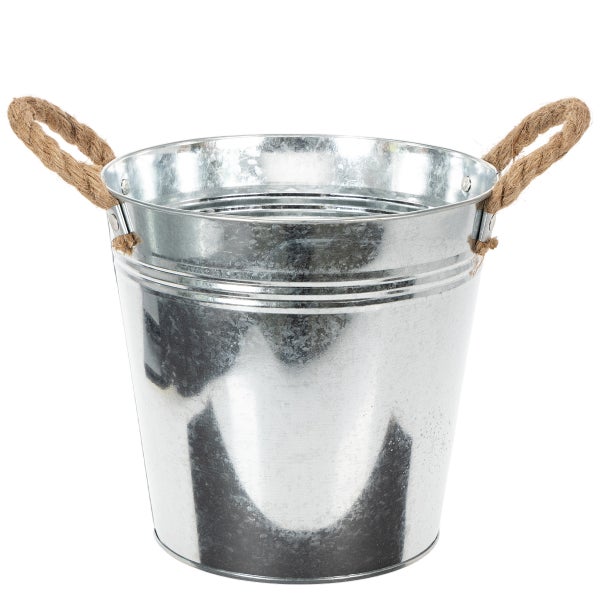 Verzinkter Metalleimer mit zwei Henkeln aus Seil.