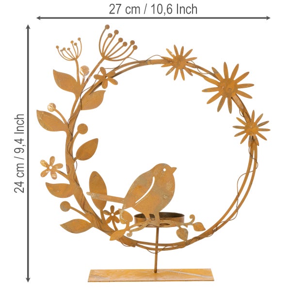 Dekorativer Metallkranz in Edelrost-Optik mit Vogel, Blättern, Blumen und Teelichthalter, 27 Zentimeter breit und 24 Zentimeter hoch.