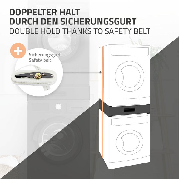 ML-Design Verbindungsrahmen für Waschmaschine und Trockner mit ausziehbarer Schublade, Stahl, 60,5x54cm, Schwarz, rutschfest, Zwischenbausatz Universal Zwischenrahmen Zwischenbaurahmen Trocknersäule